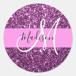 Sticker Rond Glamour Rose & Violet Paillettes Monogramme Nom