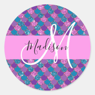 Sticker Rond Glamour Violet Sirène Paillettes Monogramme Nom