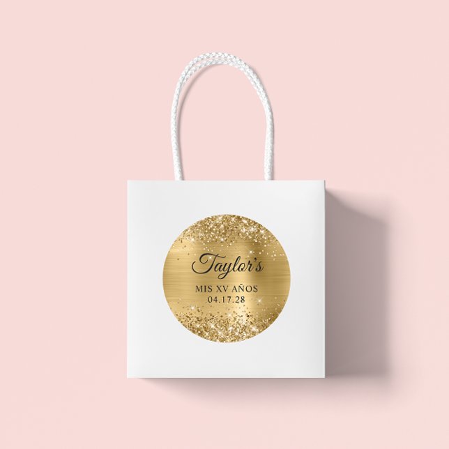 Sticker Rond Glitt Gold Foil Mis XV Anos Anniversaire (Glittery Gold Foil Mis XV Anos Birthday Classic Big Round Favor Stickers)