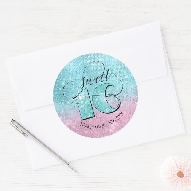 Sticker Rond Glitter and Shine Sweet 16 Teal/Pink ID675 (Enveloppe)