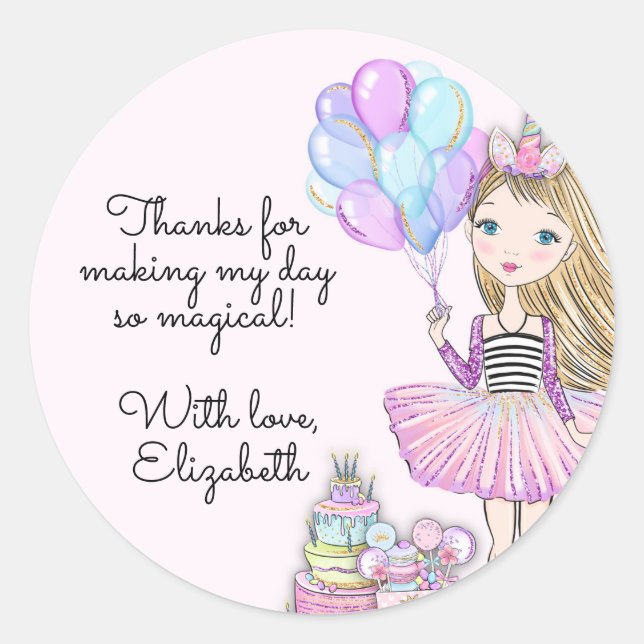 Sticker Rond Glitter Anniversaire Glam Girl Unicorn (Devant)