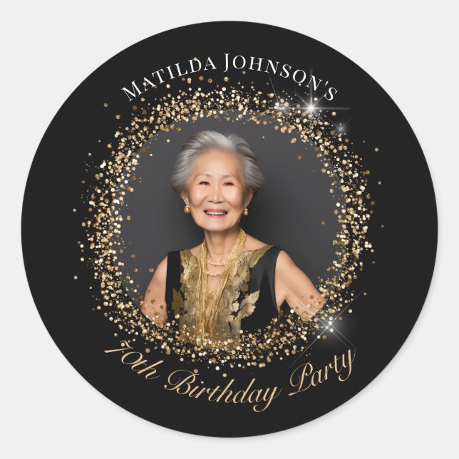 Sticker Rond Glitter Black Gold 70th Birthday Party (Devant)