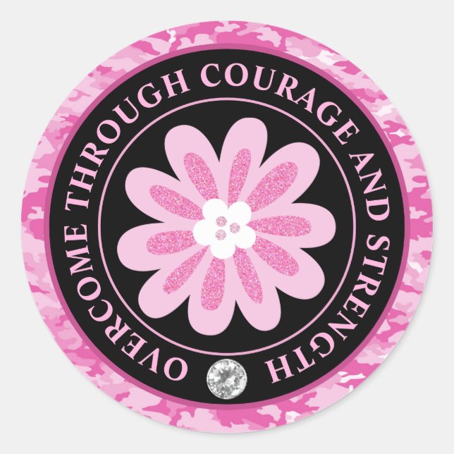 Sticker Rond Glitter Flower Camouflage Breast Cancer Awareness (Devant)