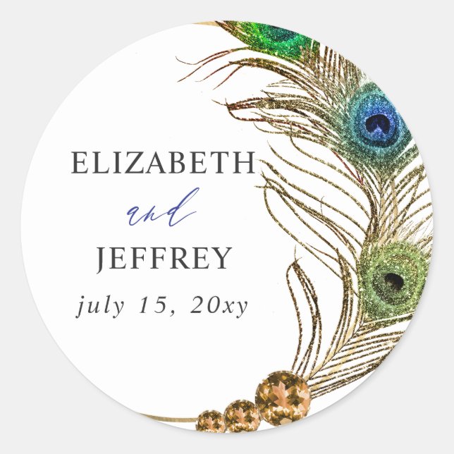 Sticker Rond Glitter Gold Blue Peacock Plume Wedding (Devant)