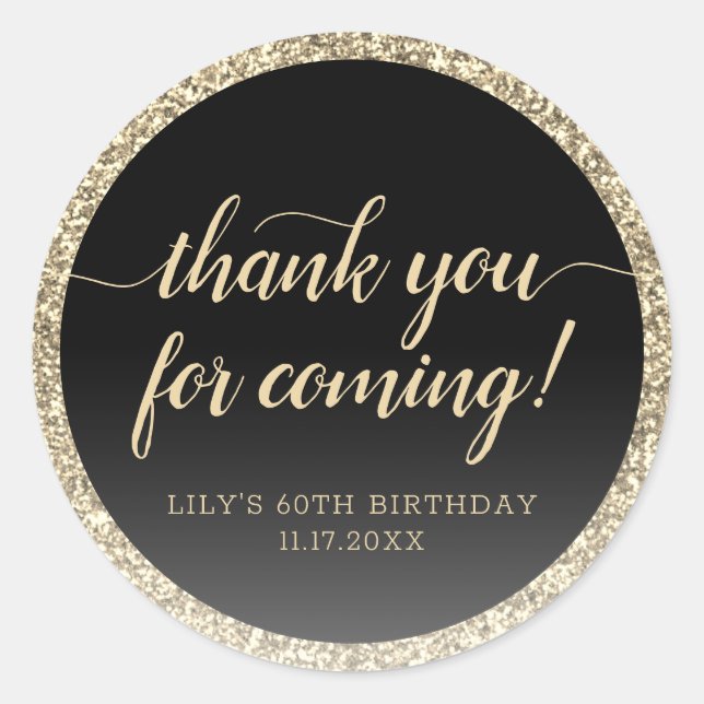 Sticker Rond Glitter Gold Merci D'Être Venu Anniversaire Fête (Devant)