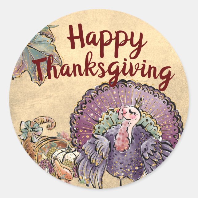 Sticker Rond Glitter Happy Thanksgiving Turkey and Cornucopia (Devant)
