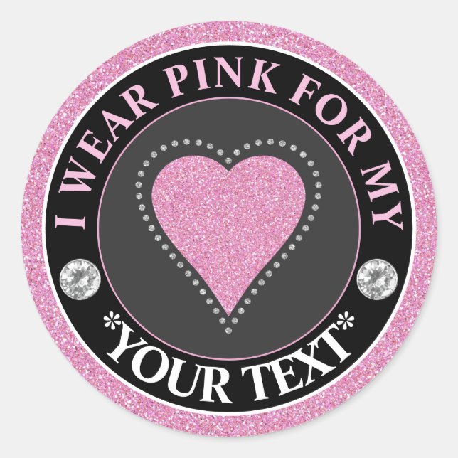 Sticker Rond Glitter Heart Breast Cancer Awareness Design (Devant)