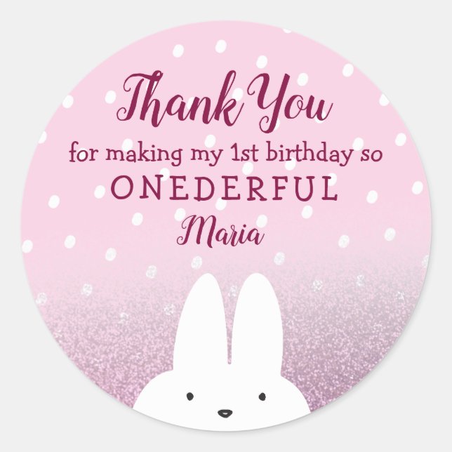 Sticker Rond Glitter Pink Bunny Onederland 1st (Devant)