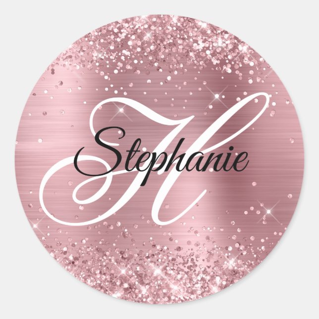 Sticker Rond Glitter Pink Foil Fancy Monogramme (Devant)