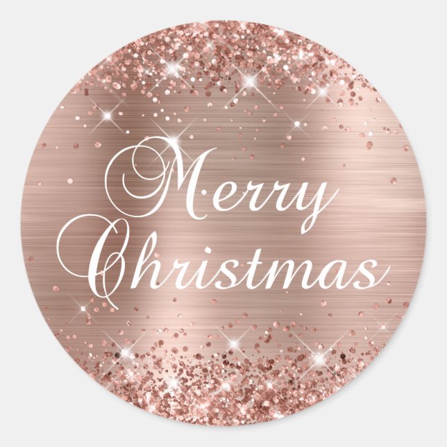 Sticker Rond Glitter Rose Gold Foil Joyeux Noël (Devant)