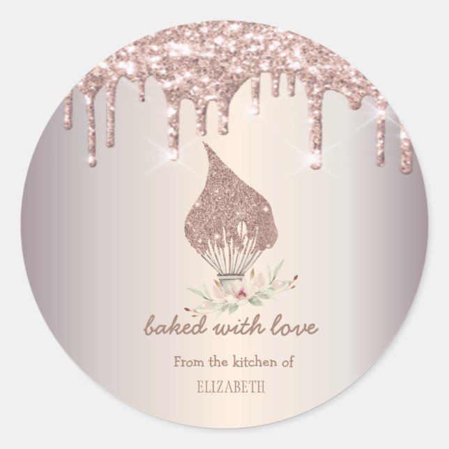 Sticker Rond Glitter Whisk Rose Gold Glitter Drips Bakery    (Devant)