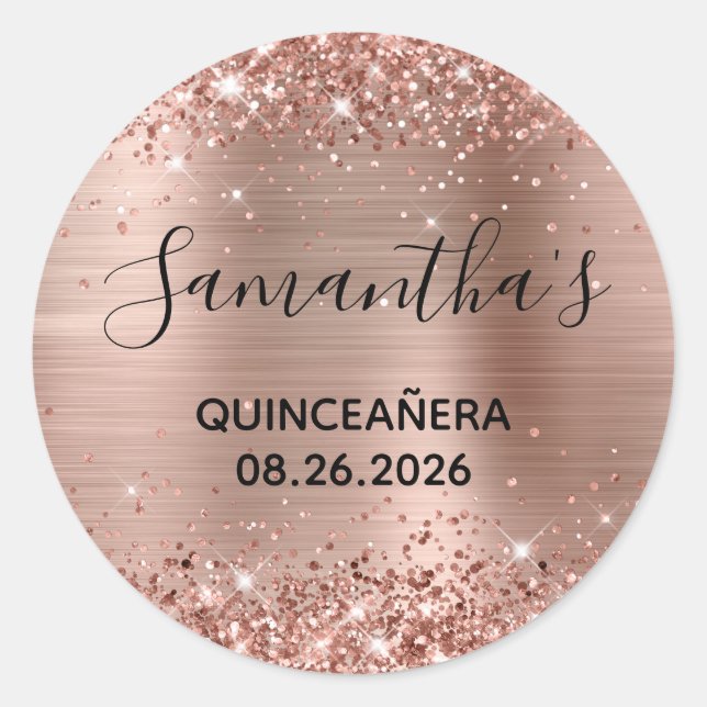 Sticker Rond Glitterature Rose Gold Foil Quinceañera Party (Devant)