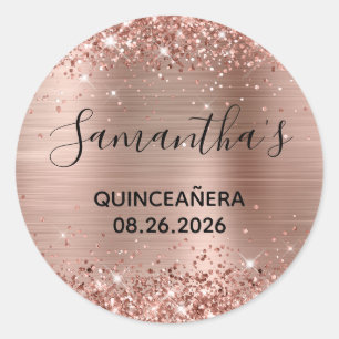 Sticker Rond Glitterature Rose Gold Foil Quinceañera Party