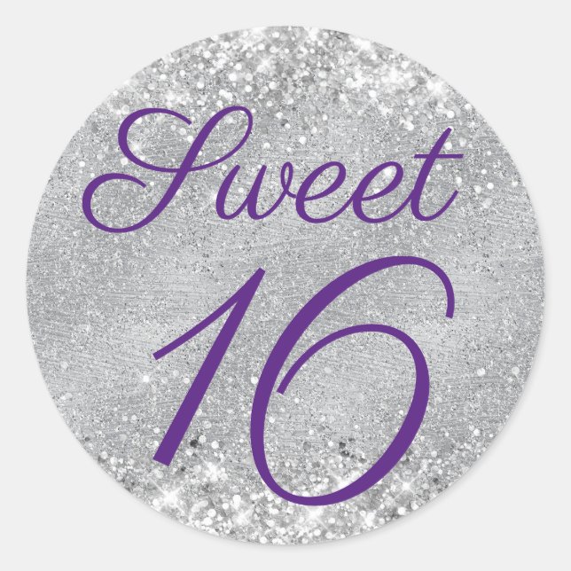 Sticker Rond Glitterie Argent et Royal Purple Sweet 16 (Devant)