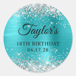 Sticker Rond Glitterie Argent Turquoise Blue Foil 18e anniversa