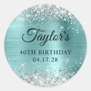 Sticker Rond Glitterie Argent Turquoise brillant Foil 40e anniv