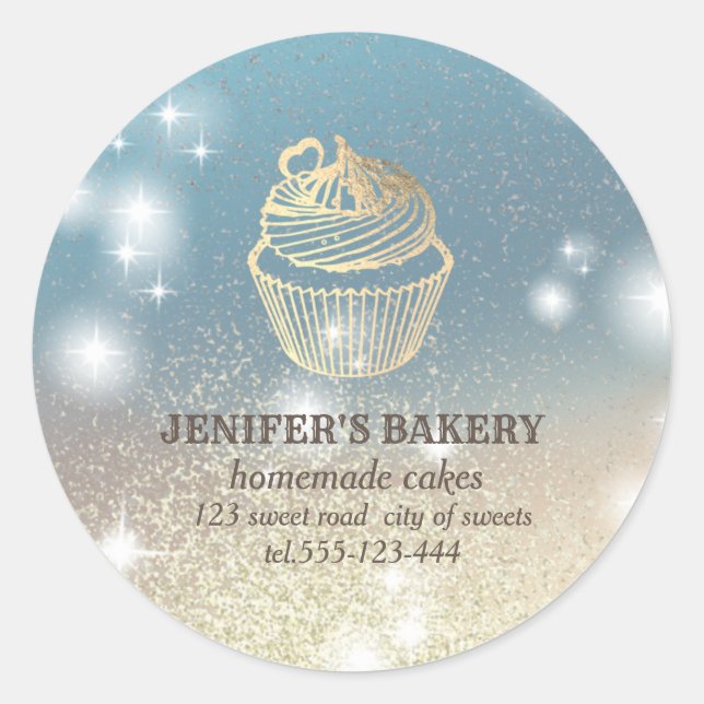 Sticker Rond Glitterie étincelante or cupcake chef boulangerie (Devant)