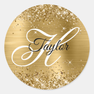 Sticker Rond Glitterie Or Métallo Fancy Monogramme