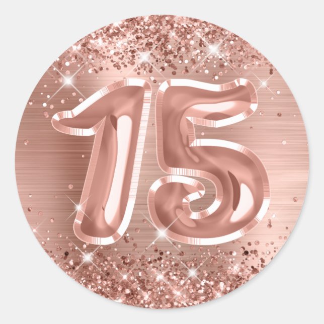 Sticker Rond Glitterie Rose Gold Foil Numéro 15 Anniversaire (Devant)
