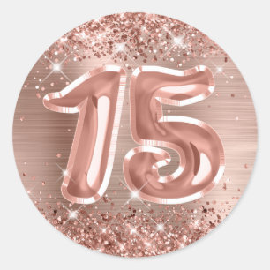 Sticker Rond Glitterie Rose Gold Foil Numéro 15 Anniversaire