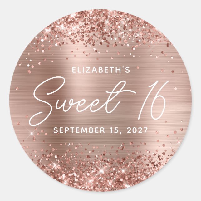 Sticker Rond Glitterie Rose Gold Glam Moderne Script Sweet 16 (Devant)