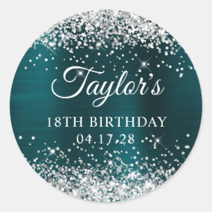 Sticker Rond Glitterie Silver Dark Turquoise Foil 18e anniversa