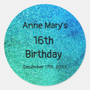 Sticker Rond Glitterie Turquoise Bleu Vert Étincelle 16e annive