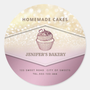 Sticker Rond Glitterie vintage en or cupcakes et sucreries fait