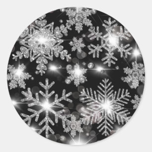 Sticker Rond Glittery argent fêter motif de flocon de neige