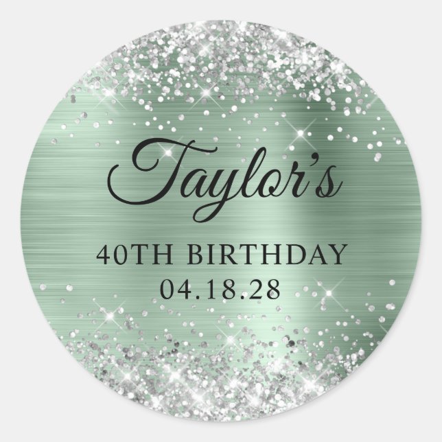 Sticker Rond Glittery Argent Pale Mint Poil 40e anniversaire (Devant)