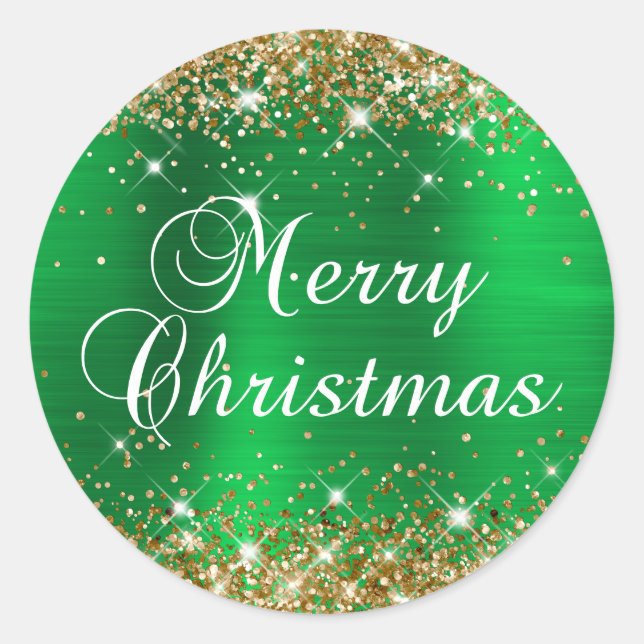 Sticker Rond Glittery Gold et Green Foil Joyeux Noël (Devant)