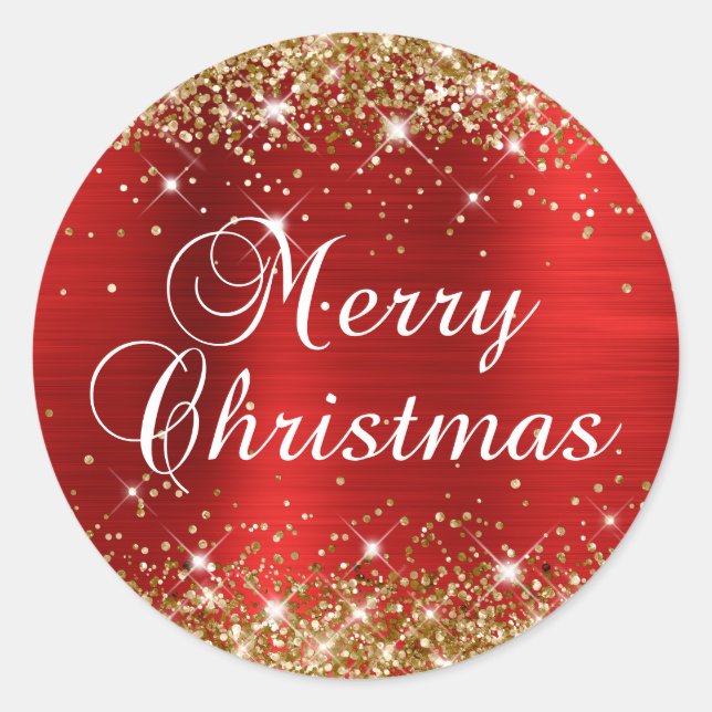 Sticker Rond Glittery Gold et Red Foil Joyeux Noël (Devant)