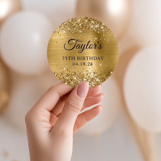 Sticker Rond Glittery Gold Foil 75e anniversaire (Glittery Gold Foil 75th Birthday Classic Round Sticker)