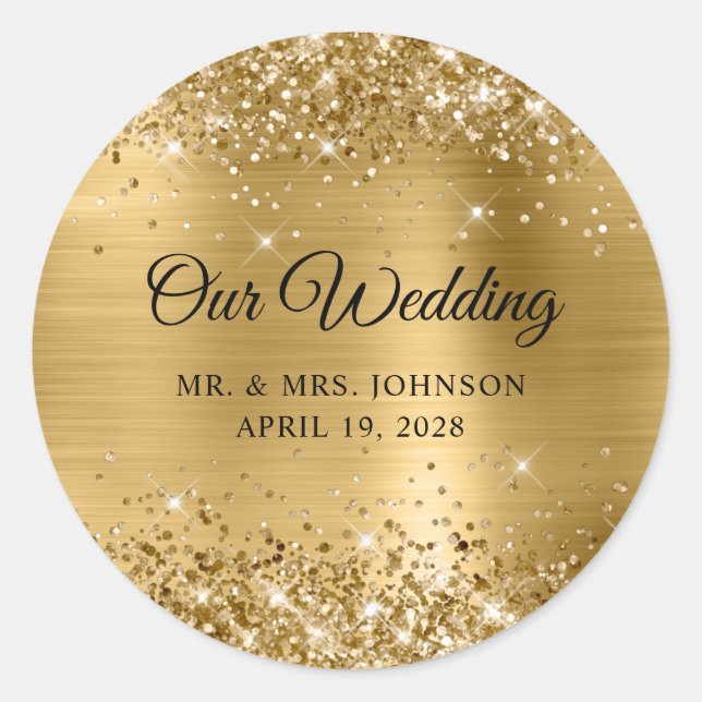 Sticker Rond Glittery Gold Foil Notre Mariage (Devant)