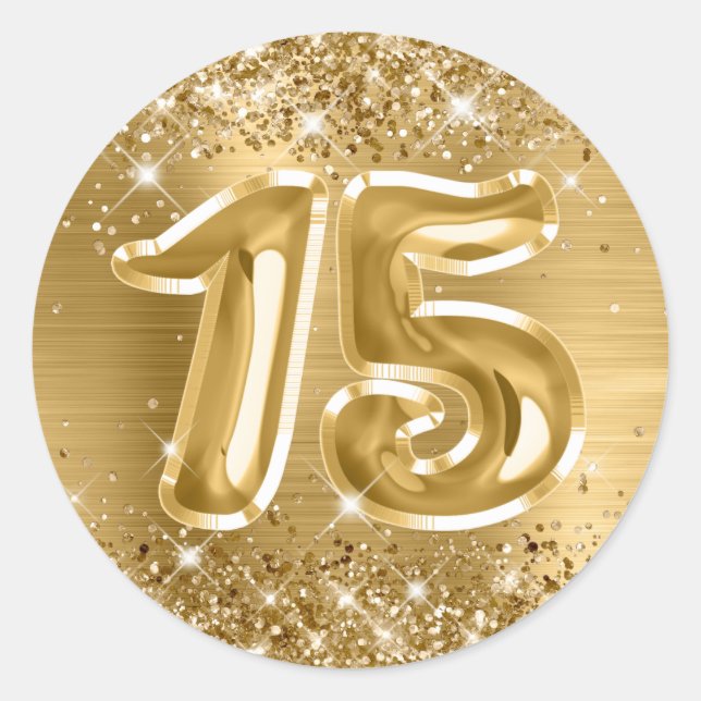 Sticker Rond Glittery Gold Foil Numéro 15 Anniversaire (Devant)