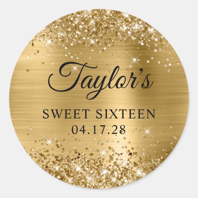 Sticker Rond Glittery Gold Foil Sweet sixteen anniversaire (Devant)