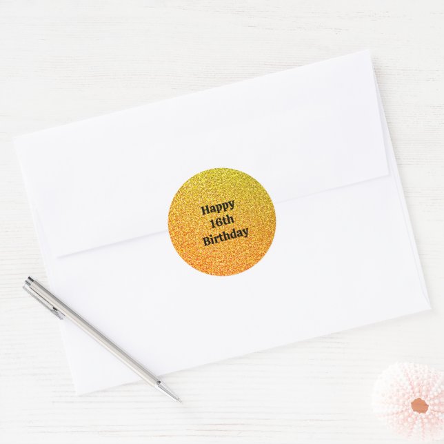 Sticker Rond Glittery Gold Sparkle Joyeux 16e anniversaire 2023 (Enveloppe)