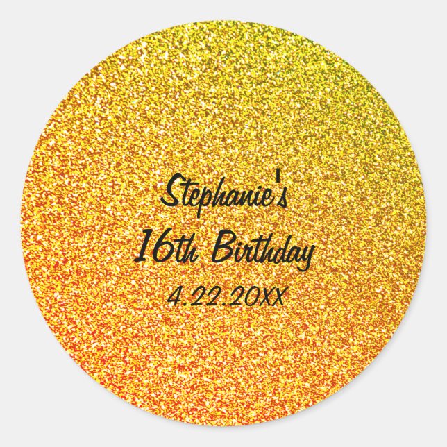 Sticker Rond Glittery Gold Sweet sixteen 16e fête d'anniversair (Devant)