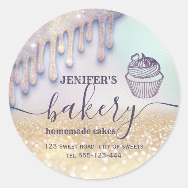 Sticker Rond Glittery gouttes cupcake chef script boulangerie (Devant)