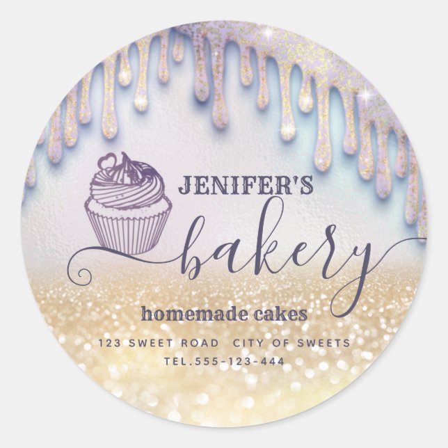 Sticker Rond Glittery gouttes cupcake chef script boulangerie c (Devant)