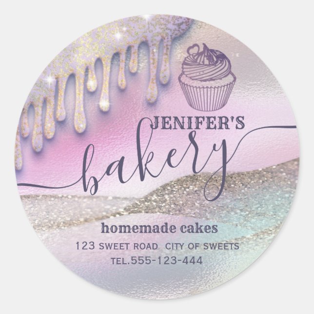 Sticker Rond Glittery gouttes cupcake chef script boulangerie c (Devant)