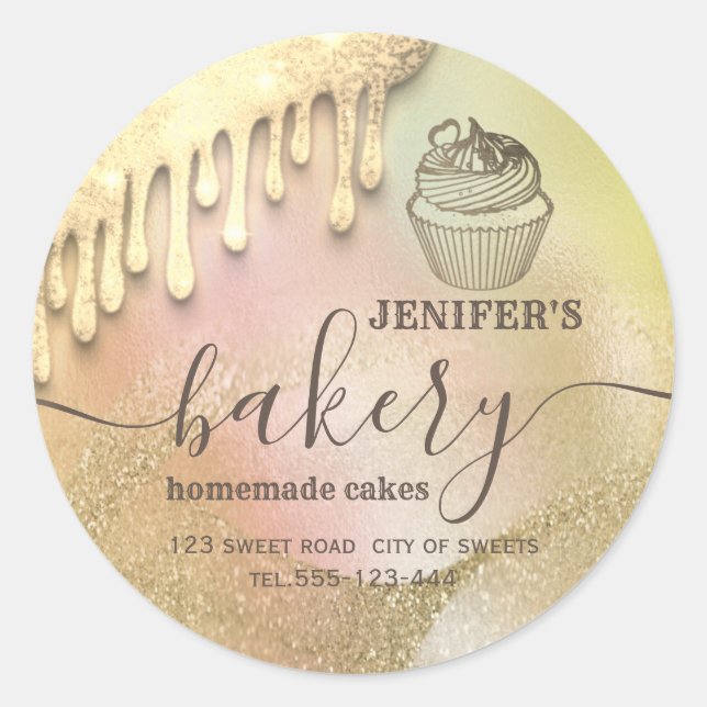 Sticker Rond Glittery gouttes cupcake chef script boulangerie c (Devant)