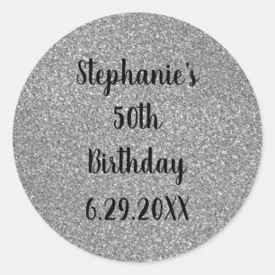 Sticker Rond Glittery Grey Silver Joyeux Anniversaire Nom Perso