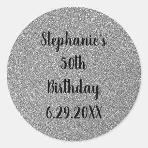 Sticker Rond Glittery Grey Silver Joyeux Anniversaire Nom perso