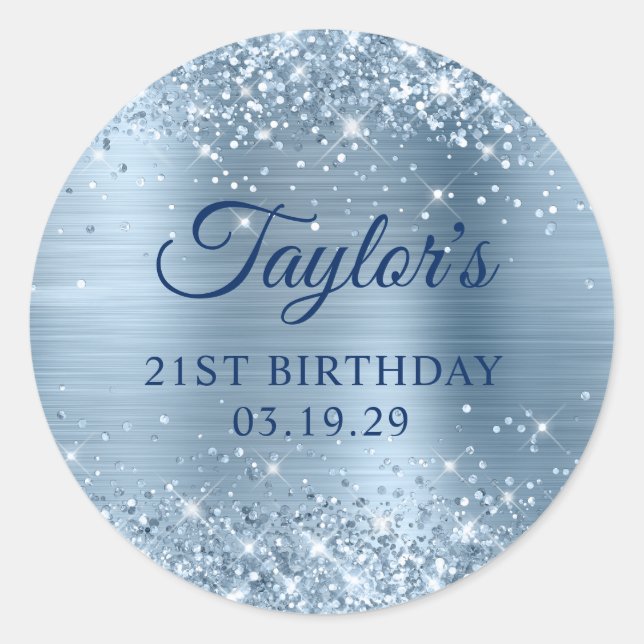Sticker Rond Glittery Light Blue Foil 21e anniversaire (Devant)