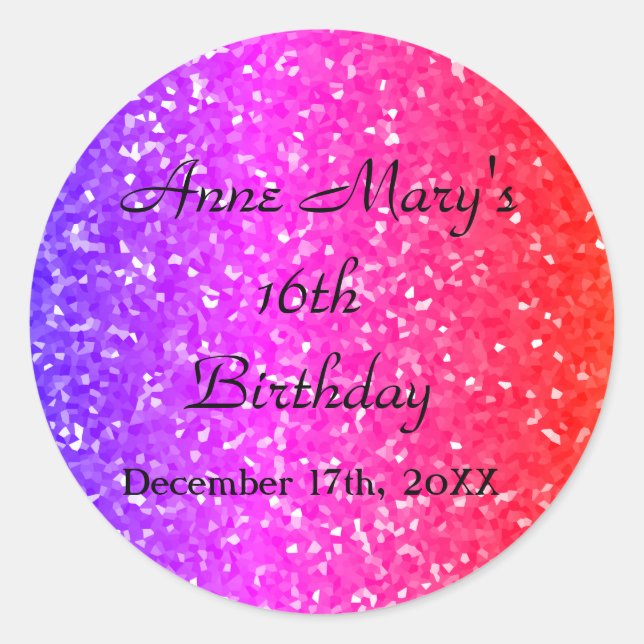 Sticker Rond Glittery Pink Sparkle Nom personnalisé 16e anniver (Devant)