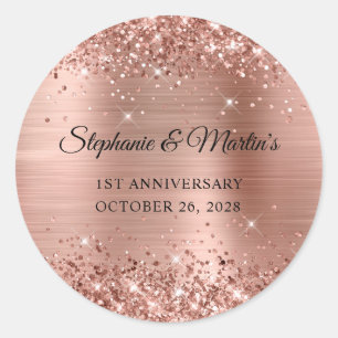 Sticker Rond Glittery Rose Gold Foil 1er anniversaire Mariage
