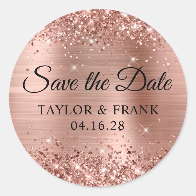 Sticker Rond Glittery Rose Gold Foil Wedding Enregistrer la dat (Devant)