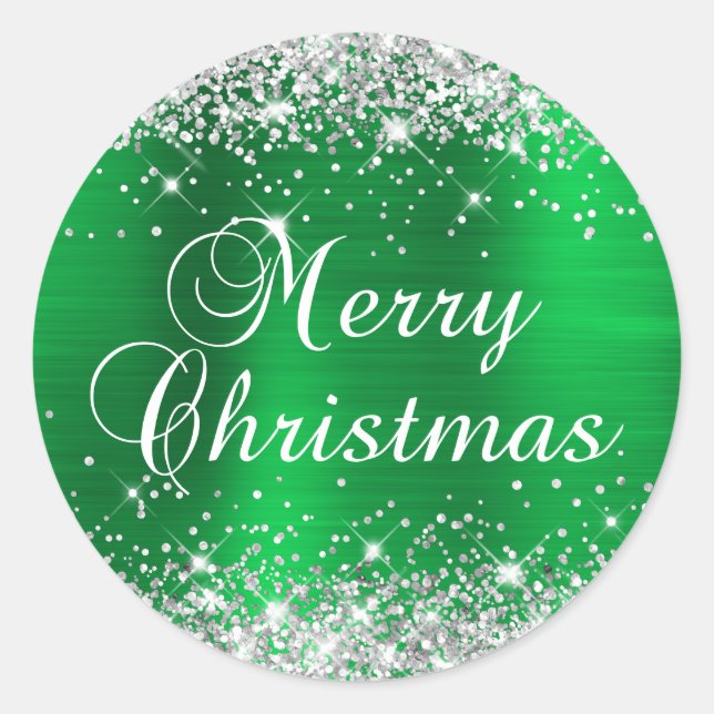 Sticker Rond Glittery Silver et Green Foil Joyeux Noël (Devant)