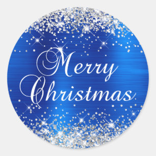 Sticker Rond Glittery Silver et Royal Blue Joyeux Noël